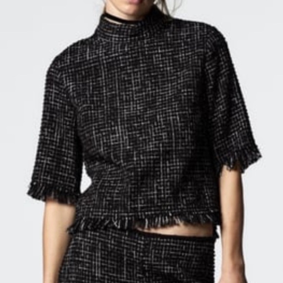 Zara Tops - Zara tweed frayed textured half sleeves black and white top. Size X- Small